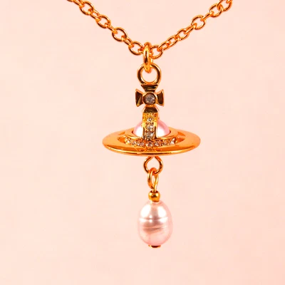 Vivienne Westwood New Petite Orb Gold Drop Pendant Pink Pearl Necklace Box Set - Image 1 of 4