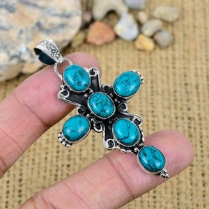 Tibetan Turquoise Gemstone Handmade 925 Sterling Silver Cross Jewelry Pendant - Picture 1 of 4
