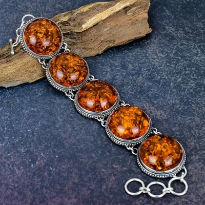 Pulseira de prata esterlina 925 feita à mão com pedra preciosa âmbar do Báltico presente para ela - Imagem 1 de 4