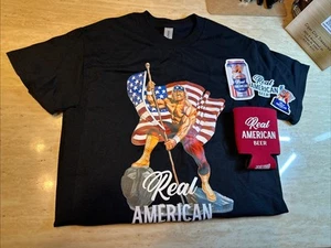 Hulk Hogan Real American Beer T-shirt & Coozy Swag Stickers From Promo Event - Picture 1 of 6