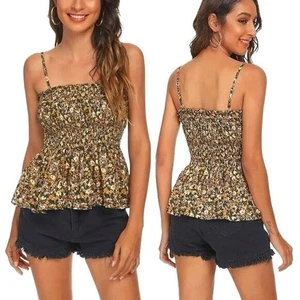 Women's Floral Smocked Peplum Cami Top Spaghetti Strap Casual Summer Blouse - Picture 1 of 6