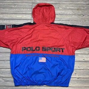 Vintage POLO SPORT Ralph Lauren Spell Out Red Blue Windbreaker Jacket Sz L Flag - Picture 1 of 5