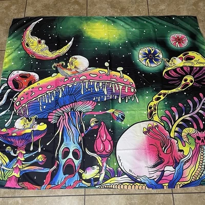 Blacklight Fantasy Mushroom Forest Tapestry Magical Whimsical Large 59x51in - Image 1 of 4