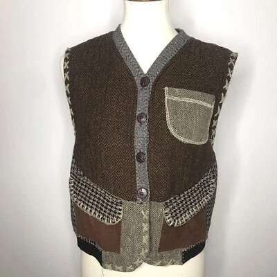 Vintage Jou Jou Vest BOHO Patchwork Leather & Wool Blend Stitches Hippie Size L - Image 1 of 4