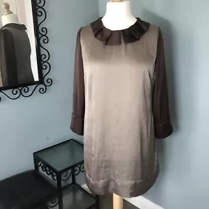 Silky Bronze Tunic Dress 12 14 - Contrast Sleeve Collar Rust Ruffle Metallic - Picture 1 of 6