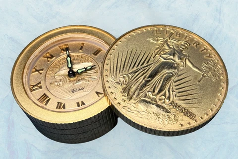 Vintage Bulova Mechanical Wind Alarm Clock Stacked Liberty Coins made in japan Cover