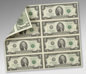 Hoja de 8 billetes de $2 dólares sin cortar - Imagen 1 de 1