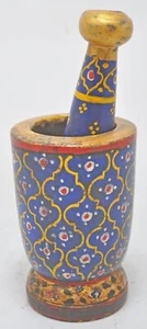 Hand Carved Wooden Mortar and Pestle Grinder Pot Fine hand Painted - Picture 1 of 7