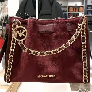 Michael Kors Mina Small Suede Logo Chain Crossbody Mini Belted Bag Oxblood - Picture 1 of 9
