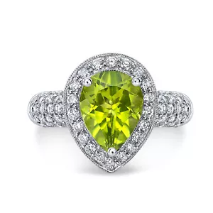 Corte Pera Verde Peridoto Anillo con Diamante 18k Oro Blanco Lágrima Pavé Cóctel - Imagen 1 de 2