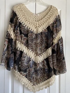 Simply Couture Blouse Women's Sheer Ivory Crochet Flare Sleeve Paisley Boho XL - Picture 1 of 4