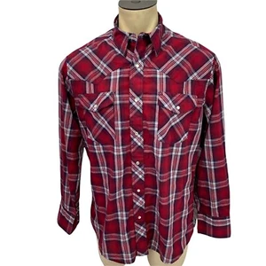 Wrangler Shirt Mens XL Pearl Snap Red Plaid Pocket Slim Work Western Farm Ranch - Picture 1 of 12