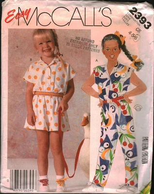 2393 Vintage McCalls SEWING Pattern Girls Long Jumpsuit 1980s OOP 4 5 6 Sew Easy - Image 1 of 2
