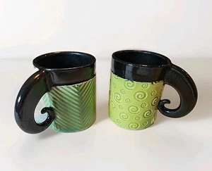 Margo West Artist! Handmade Espresso Cups 2 Pc. Studio Pottery Green/Black Rare - Picture 1 of 11