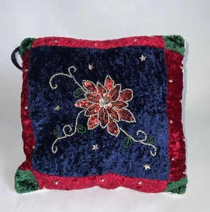 Cuscino natalizio vintage in velluto schiacciato con paillettes Poinsettia 11” x 11” - Foto 1 di 10