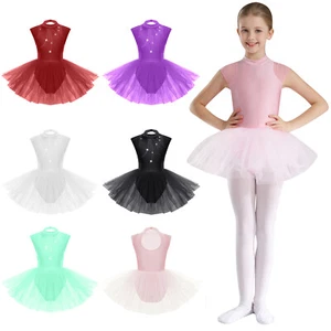 Kids Girls Leotard Activewear Dance Dresses Rhinestones Tutu Stage Toddler - Picture 1 of 56