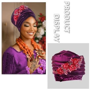 African Arab Aso Oke African Headtie Auto Gele Wedding Women Hijab Cap Turban - Picture 1 of 46