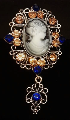 SPILLA CAMMEO ART-DECO' CM.7,5 ca ZAFFIRI,CITRINI,PASTA-ONICE,ARGENTO/ORO BIANCO - Immagine 1 di 4