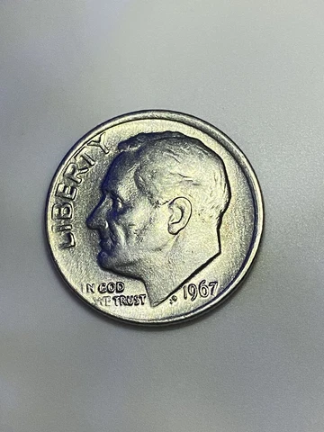 1967 Dime With Multiple Errors, No Mint Mark, Faded lettering, Off Center Struck Cover