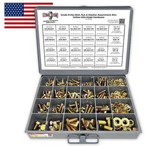 USA Grade 8 Hex Cap Screws, Hex Nuts, Flat & Lock Washers Assortment - 574 PCS - Picture 1 of 5