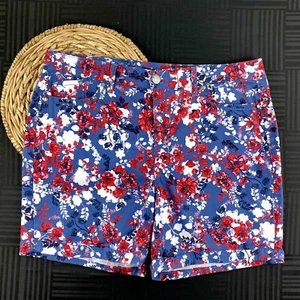 Bandolino Amy Womens Size 12 Red Blue Floral Cotton Stretch Cuffed Chino Shorts - Picture 1 of 9