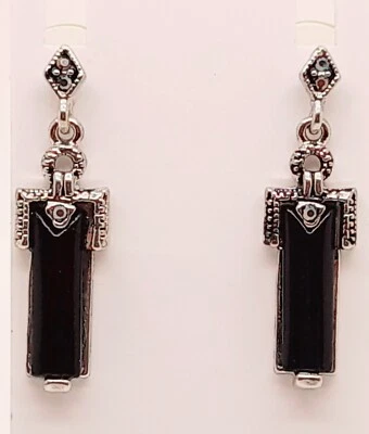 E784 Black marcasite Drop style antique silver tone dangle fashion earrings - Image 1 of 4