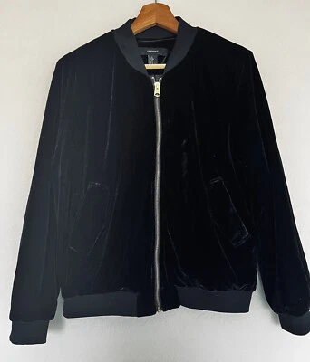 Chaqueta Bomber FOREVER 21 Terciopelo Negro Terciopelo Talla L Dorado Cremallera Grunge Gótica Foto 1 de 4