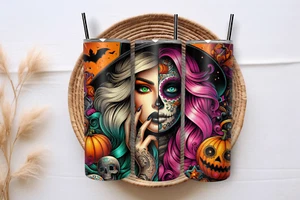 Skinny Tumbler - Witch Sugar Skull - Halloween - 20oz Stainless-Steel - Picture 1 of 1