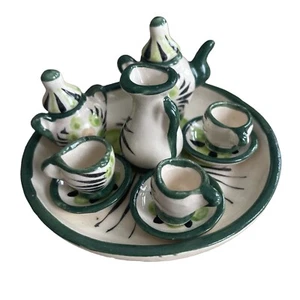 12 Miniature Tea Set Coffee Cup Jar Ceramic Dollhouse Collectible Green Plate - Picture 1 of 12