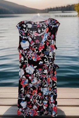 Dana Buchman Dress M Stretch Knit Boho Floral Faux Wrap Darling and Comfortable! - Image 1 of 4