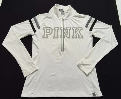 VS Pink Ultimate women's white 1/4 zip pullover athletic jackets sz. M gray logo - Image 1 of 4
