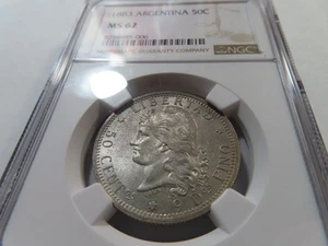 J34 Argentina 1883 Silver 50 Centavos NGC MS-62 - Picture 1 of 2