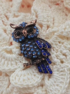 Vintage Coppertone Metall blau Strass Eule Brosche Anstecknadel - Bild 1 von 7