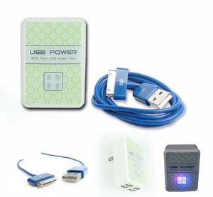 4 USB PORT WANDADAPTER + 10FT KABEL NETZTEIL LADEGERÄT DATEN BLAU FÜR IPHONE IPOD IPAD - Bild 1 von 1