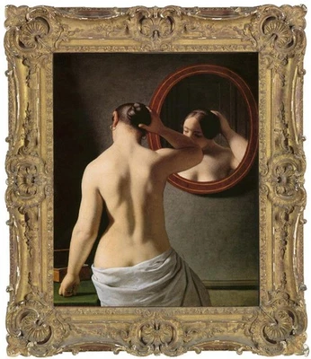 Antiguo arte maestro hecho a mano pintura al óleo antigua niña mujeres espejo sobre lienzo 20"x24" Foto 1 de 2