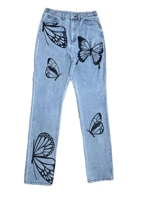 Women’s Butterfly Print Y2K Aesthetic Straight Leg Denim Trousers - Image 1 of 4