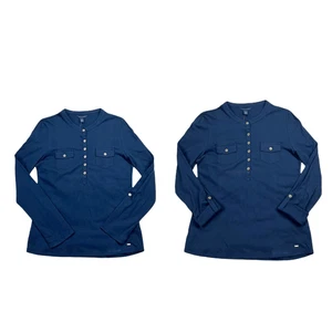 Tommy Hilfiger dunkelblau Roll-Riegelärmel halb Knopfleiste Bluse Top Größe Medium - Bild 1 von 8