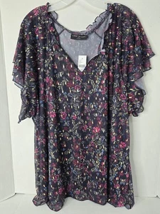 Lane Bryant Women's Blue Multi-Color Floral Top 18/20 Ruffle V Neck - Picture 1 of 8
