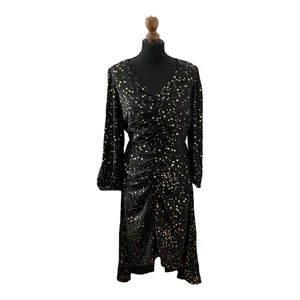 George Black Gold Star Party Dress Midi V Neck Ruffle Special Occasion Dress - Picture 1 of 10