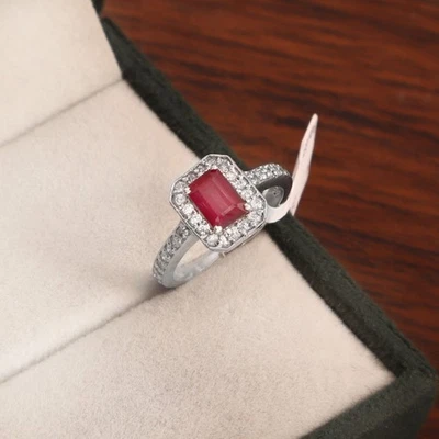Ruby Engagement Ring Emerald Cut Red Gemstone with Diamond Halo 925 Silver Gift - Image 1 of 4