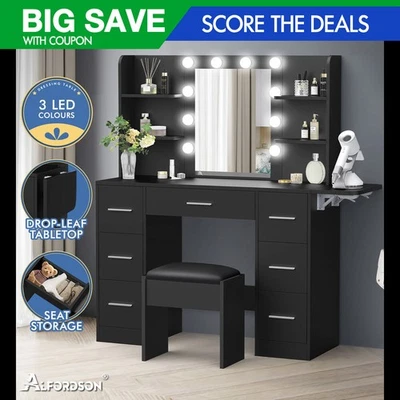 ALFORDSON Dressing Table Stool Set Makeup Mirror Vanity Desk LED Bulbs Black - image 1 of 4
