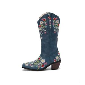 Womens Embroidery Floral Pull On Square Toe Mid Calf/Ankle Boots Outdoor 46 47 L