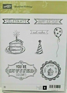 Stampin Up! Juego de estampillas - Juego de 8 estampillas de goma roja de cumpleaños dibujado nuevo en paquete - Imagen 1 de 1