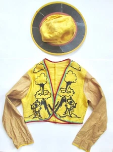 Vtg 50s Mexican Man Exploding Volcano 2-pc Halloween Costume Jacket Hat Boys L - Picture 1 of 6