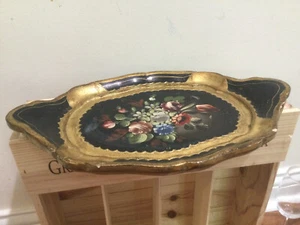 Vintage italienisches florentinisches 12"" x 8"" vergoldetes schwarzgold vergoldetes verziertes Tablett Italien DINGS! - Bild 1 von 10