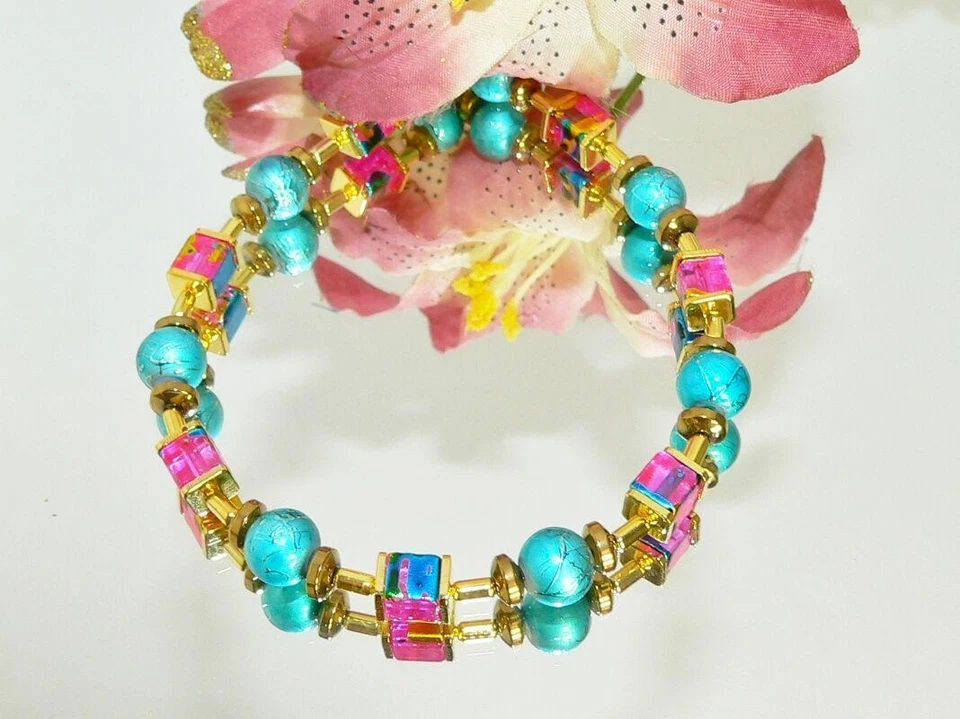 Armband Perlen Würfel marmoriert rosa türkis gold türkis HÄMATIT 495f - Bild 1 von 4