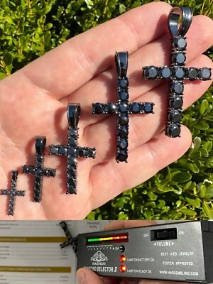 Black MOISSANITE Real Oxidized Rhodium 925 Silver Cross Iced Pendant Necklace - Image 1 of 4