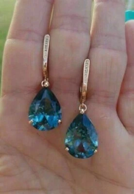 4Ct Pear Cut Blue Topaz Solitaire Drop/Dangle Earrings 14K Yellow Gold Finish - Image 1 of 4