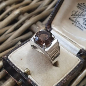 Vintage 925 Sterling Silver Ring, Natural Smoky Quartz Signet, Size L US 5.75 - Picture 1 of 9