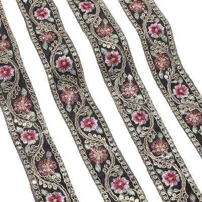10 Yards Vintage Ethnic Black  Ribbon Floral Embroidered Woven Trim Bridal Gold - Image 1 of 4